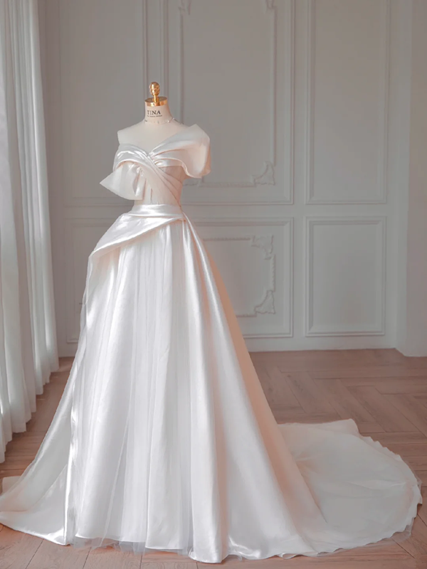 White one-shoulder slim waist sexy elegant satin long dress bridal gown R5883