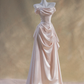 Pink satin one-shoulder waist pleated long bridal dress R5770