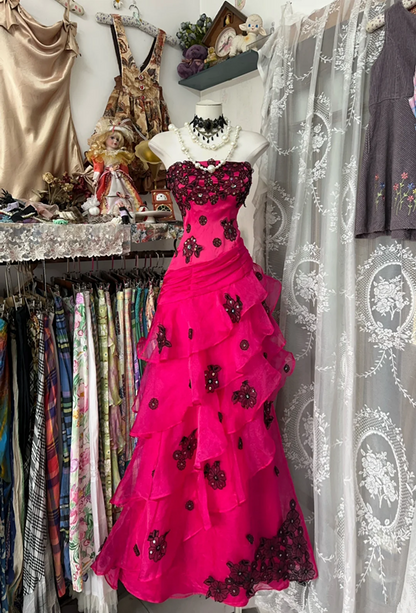 Rose pink strapless fitted tiered maxi dress, ball gown R6323
