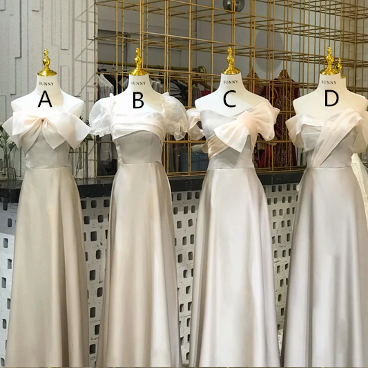 Light gray satin waist-cinched, slim-fit ball gown, bridesmaid dress R5964