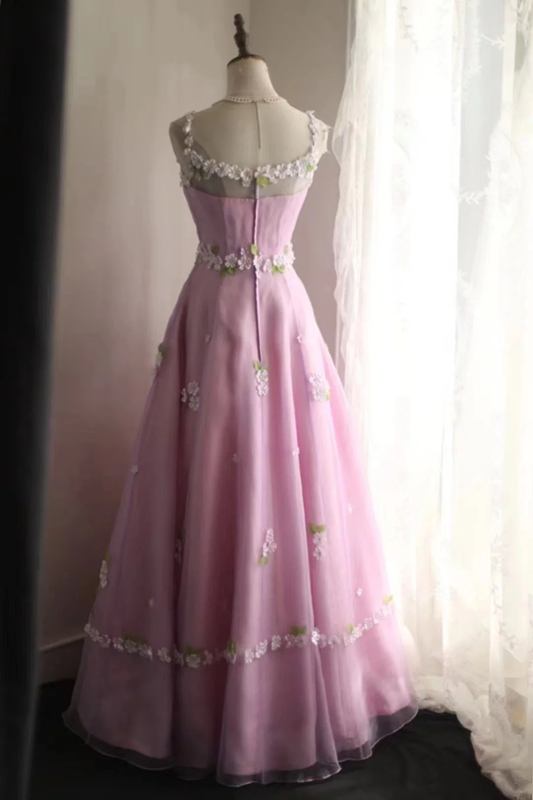 Pink halter-neck floral design, fitted waist, A-line silhouette, full skirt, long ball gown, bridal dress R6841