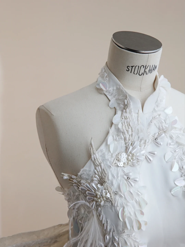 White halterneck sleeveless slim waisted hip-hugging fishtail elegant long dress, prom dress R5652