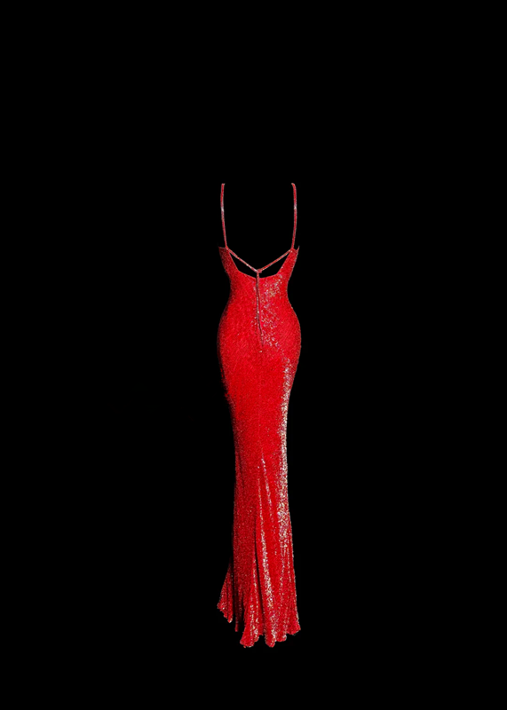 Red sequined halter-neck sexy fitted waist bodycon long ball gown R6643