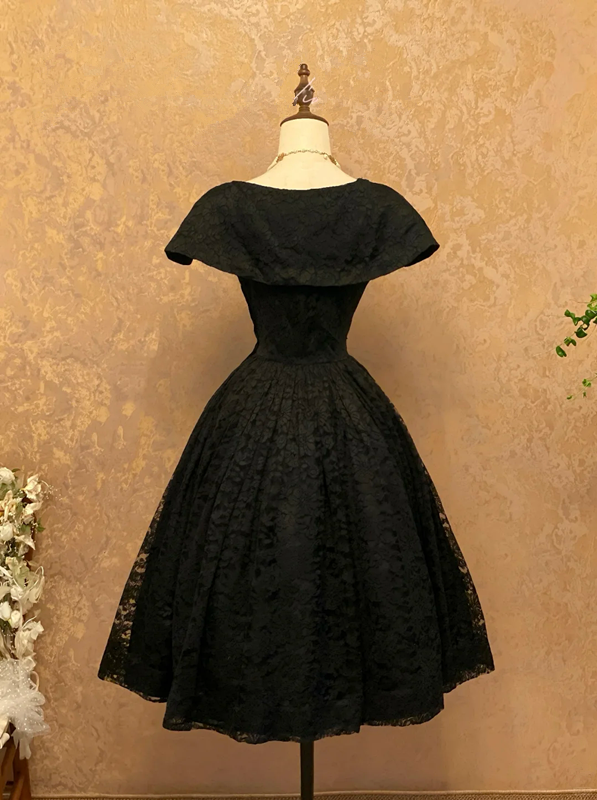 Black Prom Dress with Round Neck, Fitted Waist, Slim Fit and A-Line Skirt R7315