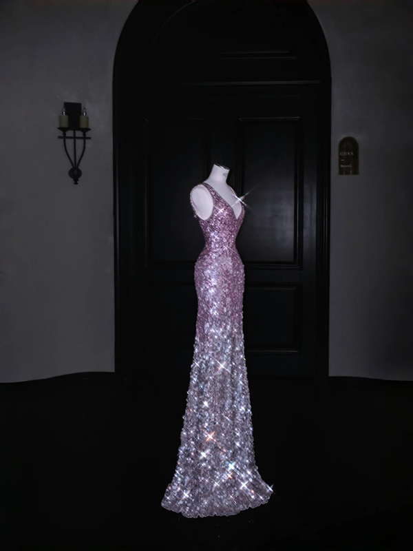 Purple gradient sequined waist slim long skirt, prom dress R5687