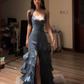 Gray Spaghetti Strap Waist-Cinched Fitted Tiered Ruffle Hem High-Slit Sexy Prom Dress R7122