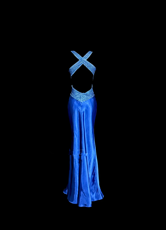 Blue halter-neck, fitted waist, backless, sexy long ball gown R6683