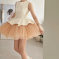 White sleeveless, waist-cinched, light pink full-skirted prom dress R7988