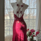 Rose pink halter-neck rhinestone fitted waist slim back mid-length ball gown R7677