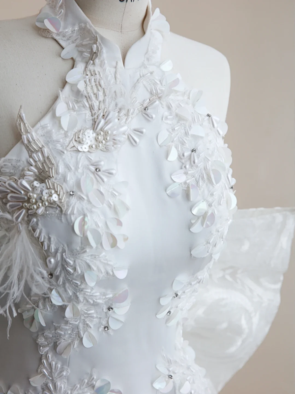 White halterneck sleeveless slim waisted hip-hugging fishtail elegant long dress, prom dress R5652