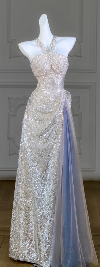 White sequined halter neck slim waist A-line maxi bridal dress R5806