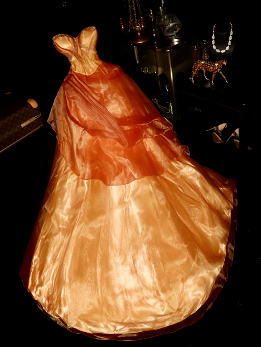 Orange strapless fitted long ball gown R6922