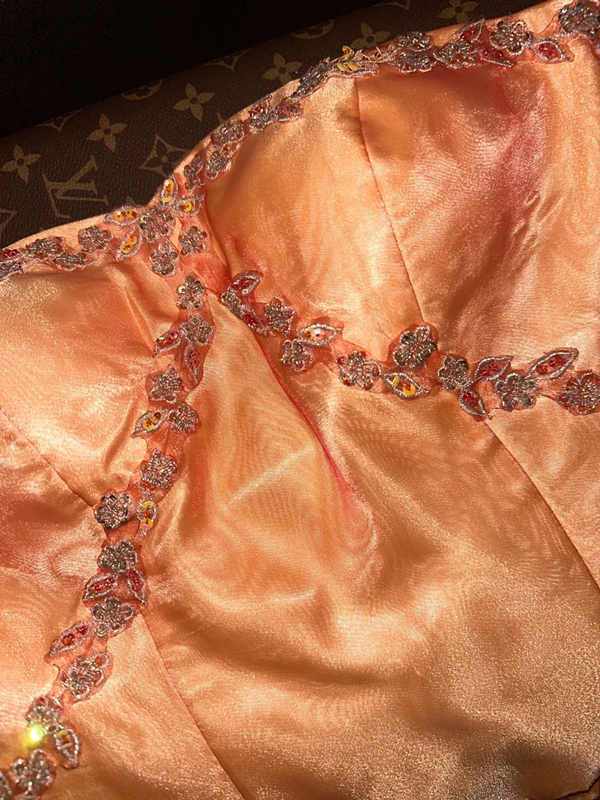 Orange strapless fitted long ball gown R6922