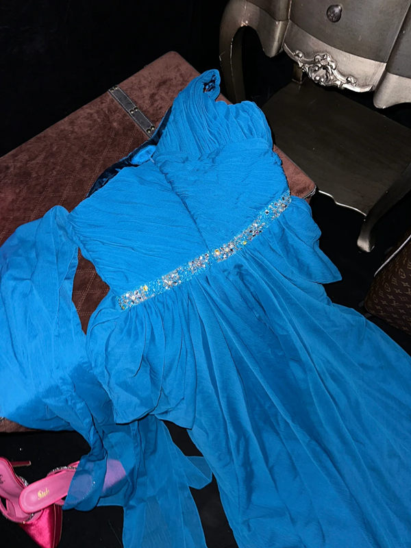 Blue one-shoulder fitted waist elegant long ball gown R7041
