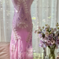 Light purple halter-neck fitted midi ball gown with an asymmetrical hem R7790
