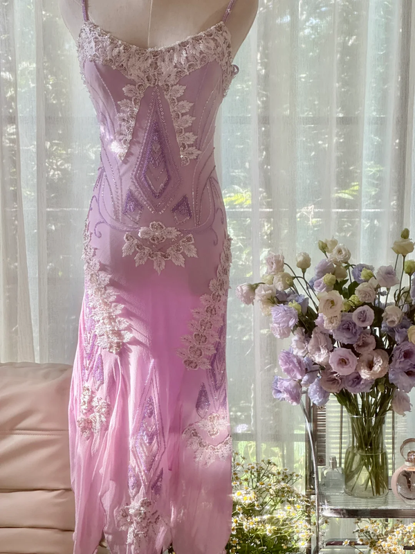 Light purple halter-neck fitted midi ball gown with an asymmetrical hem R7790
