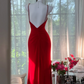 Red halter-neck fitted long ball gown, elegant and sexy R7638