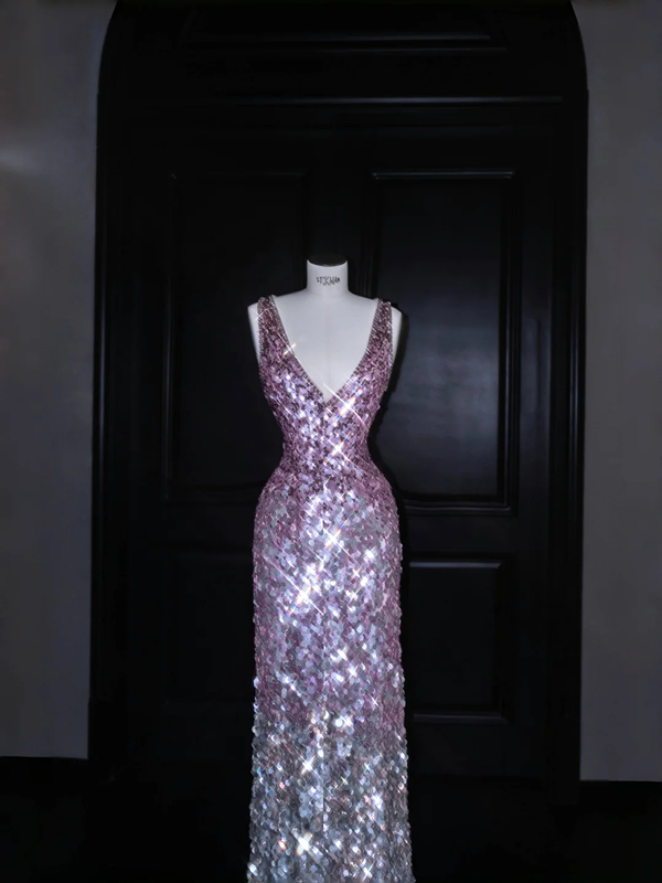 Purple gradient sequined waist slim long skirt, prom dress R5687