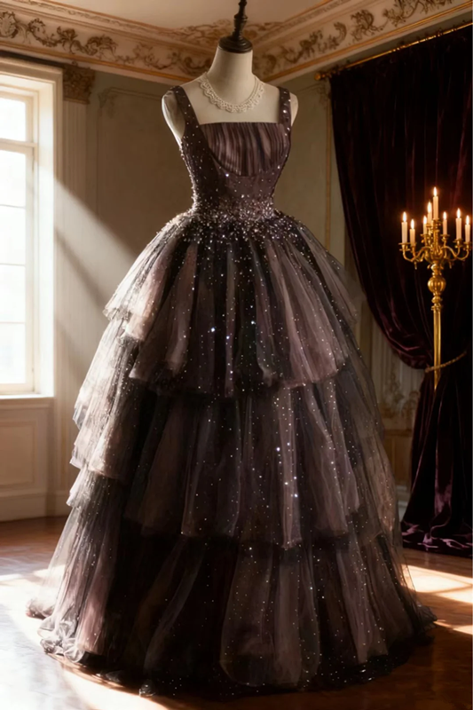 Dark purple halter-neck fitted waist elegant princess cake skirt long ball gown bridal dress R6762