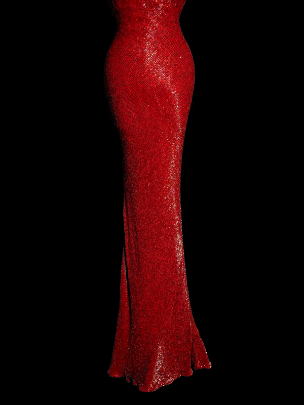 Red sequined halter-neck sexy fitted waist bodycon long ball gown R6643