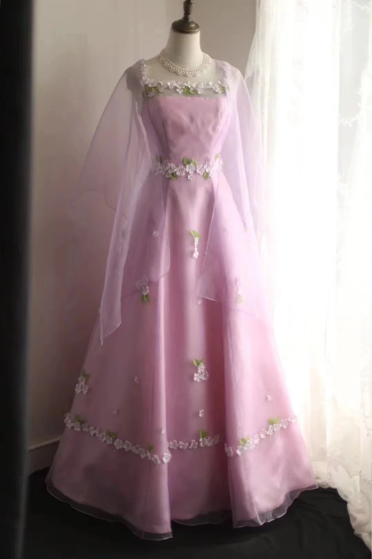 Pink halter-neck floral design, fitted waist, A-line silhouette, full skirt, long ball gown, bridal dress R6841