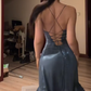 Gray Spaghetti Strap Waist-Cinched Fitted Tiered Ruffle Hem High-Slit Sexy Prom Dress R7122