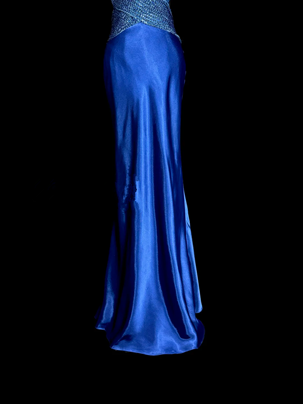 Blue halter-neck, fitted waist, backless, sexy long ball gown R6683