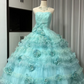Lake Blue Strapless Prom Dress with a Fitted Waist and a Princess-Style Puffy Skirt R6523