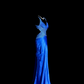 Blue halter-neck, fitted waist, backless, sexy long ball gown R6683