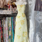 Yellow floral print backless fitted long dress, elegant ball gown R6283
