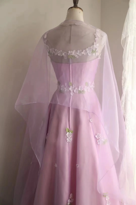 Pink halter-neck floral design, fitted waist, A-line silhouette, full skirt, long ball gown, bridal dress R6841