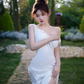 White halter-neck fitted bodycon sexy ball gown R7082