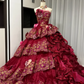 Deep red strapless, fitted waist, classic floral print, flared skirt ball gown R6483