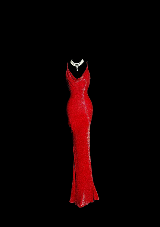 Red sequined halter-neck sexy fitted waist bodycon long ball gown R6643
