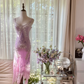 Light purple halter-neck fitted midi ball gown with an asymmetrical hem R7790