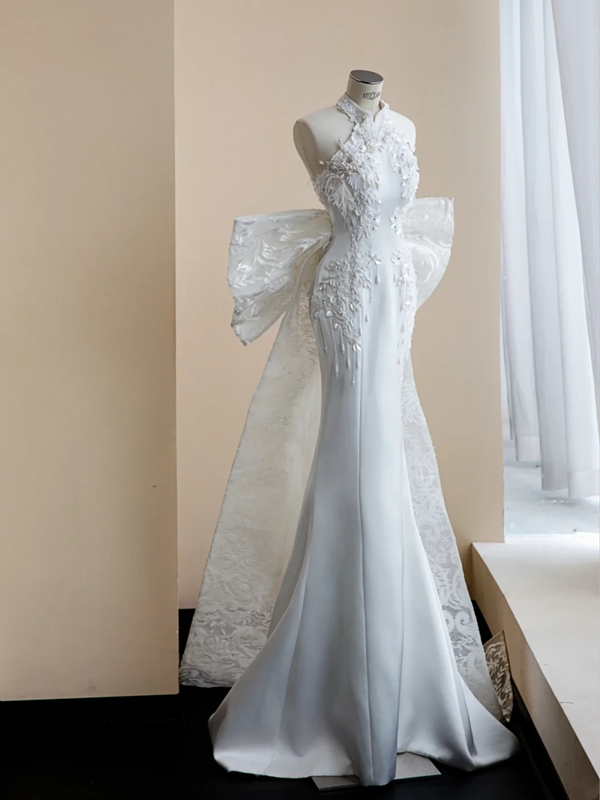 White halterneck sleeveless slim waisted hip-hugging fishtail elegant long dress, prom dress R5652