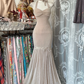 Light brown halter neck slim waist hip fishtail sexy long ball gown R6204