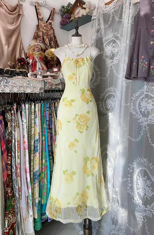 Yellow floral print backless fitted long dress, elegant ball gown R6283