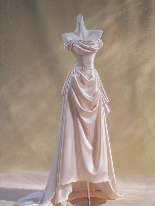 Pink satin one-shoulder waist pleated long bridal dress R5770