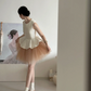 White sleeveless, waist-cinched, light pink full-skirted prom dress R7988