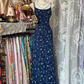 Navy blue halter-neck vintage pattern fitted long ball gown R7869