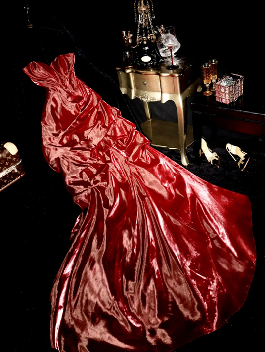 Gradient red strapless fitted satin ball gown R6403