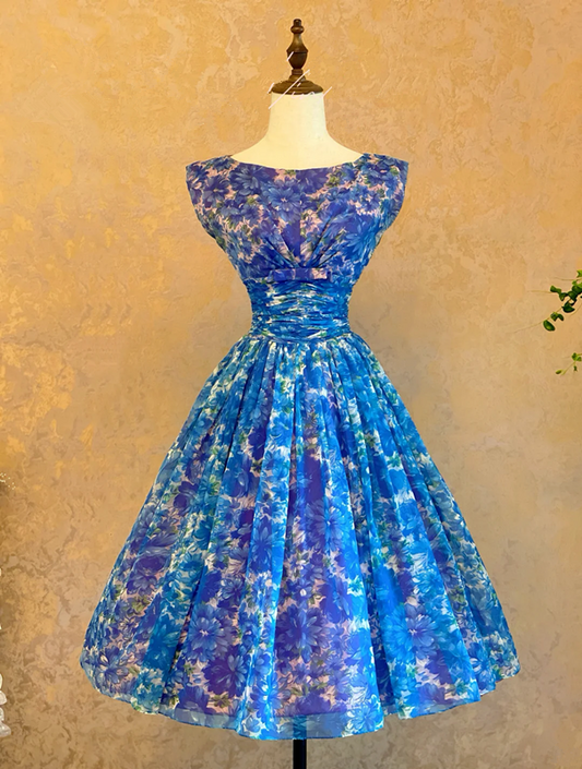 Blue Floral Sleeveless Waist-Cinched A-line Skirt Ball Gown R7396