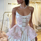White background pink embroidery waist slim flower bud skirt short skirt homecoming dress R5492