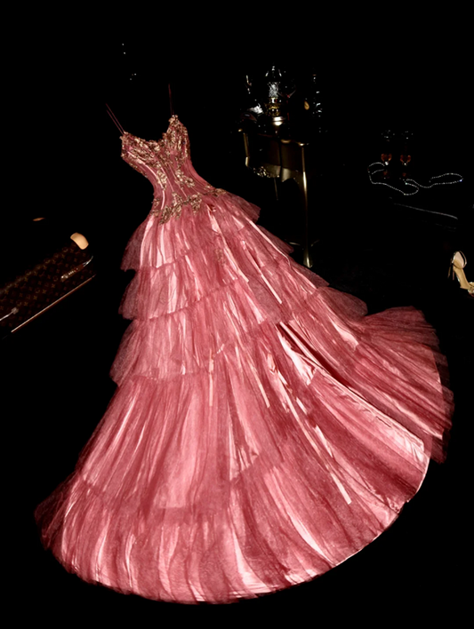 Pink halter-neck fitted tiered skirt long ball gown R6881