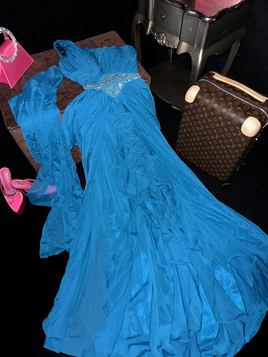 Blue one-shoulder fitted waist elegant long ball gown R7041