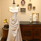 Champagne-colored satin off-the-shoulder fitted long wedding dress R6603