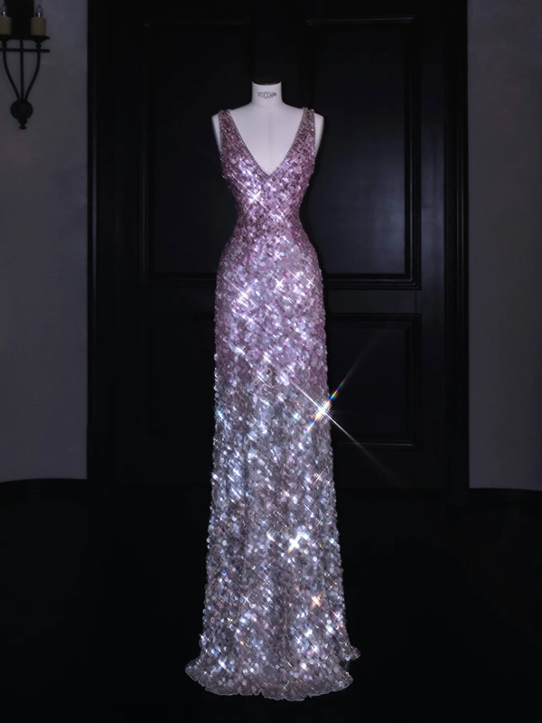 Purple gradient sequined waist slim long skirt, prom dress R5687