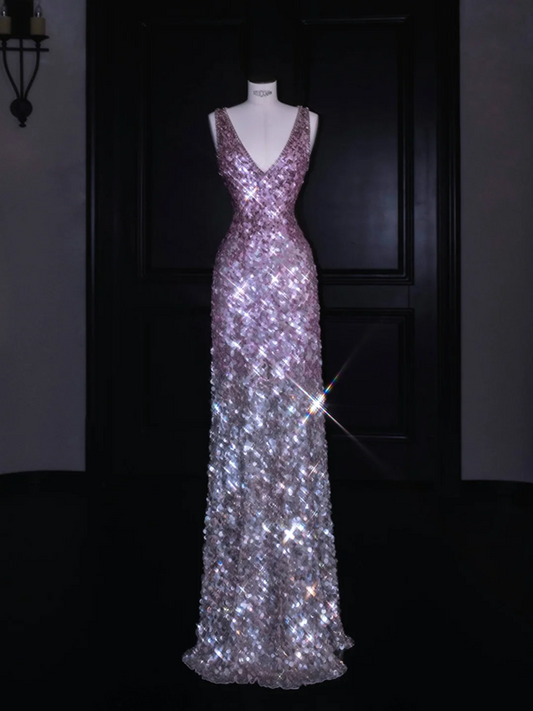 Purple gradient sequined waist slim long skirt, prom dress R5687