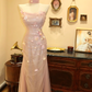 Pink strapless, fitted, bodycon long ball gown, bridal dress R7195